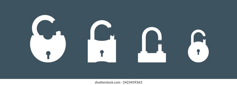 Broken lock padlock glyph icon. Simple solid style. Opened and broken or cracked lock padlock icon isolated on white background. Vector design symbol, logo illustration flat isolated on background.