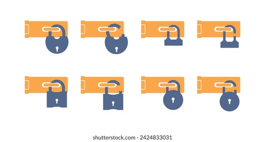 Broken lock, padlock with hinges glyph. Opened and broken or cracked lock padlock icon isolated on white background. Simple solid style. Vector design symbol, illustration flat isolated on background