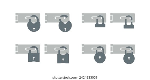 Gebrochenes Schloss, Vorhängeschloss mit Scharnieren Glyphe. Symbol für geöffnetes und gebrochenes oder gerissenes Schloss-Vorhängeschloss auf weißem Hintergrund. Einfacher solider Stil. Vektor-Design-Symbol, Abbildung flach isoliert auf Hintergrund