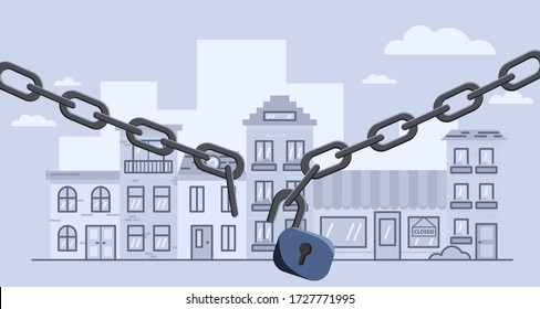 Broken lockdown chain barrier over city. Stock vector illustration of open lockdown.