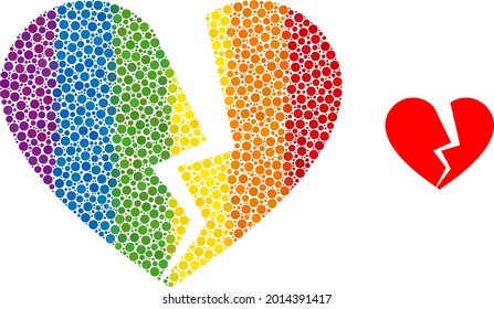 Broken love heart collage icon of round dots in variable sizes and rainbow colored shades. A dotted LGBT-colored broken love heart for lesbians, gays, bisexuals, and transgenders.