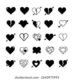 Broken and Love Heart Icon Set  Black and Line Art Vector Symbols for Sadness, Romance, Valentine, and Relationship Themes .