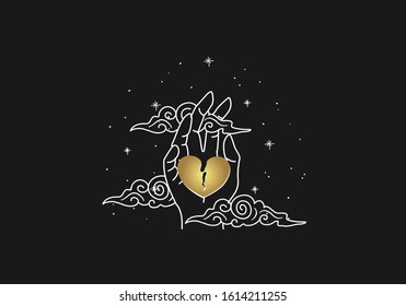 Broken love or broken heart symbol with hand and cloud. Vector illustration in magic vintage style. Spiritual guidance of tarot reader design. decorative illustration