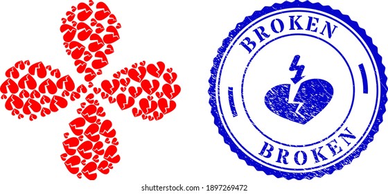 Broken love heart twirl flower with four petals, and blue round BROKEN grunge watermark with icon inside. Element twirl combined from oriented broken love heart symbols.