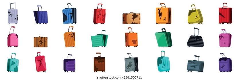 Broken luggage icons set. Collection of damaged suitcases showcasing various states of disrepair, highlighting common travel mishaps