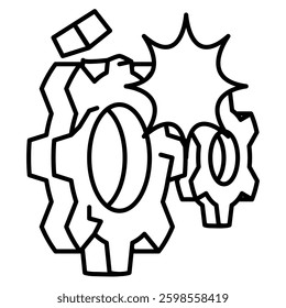 Broken Machine icon represented by cracked gear Line style.