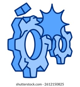 Broken Machine icon represented by cracked gear Blue style.
