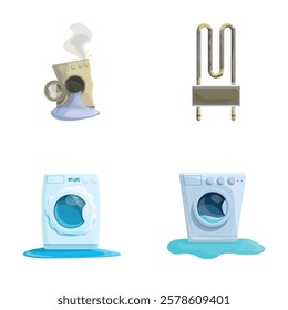 Broken machine icons set cartoon vector. Broken washing machine. Household appliance repair