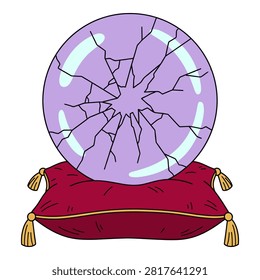 Broken magical glass orb sitting on luxury pillow fortune telling equipment occult symbol mystical prophecy concept.