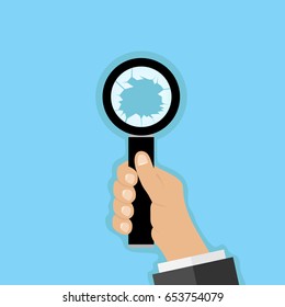 Broken Magnifier in the hand of man. A man is holding a magnifying glass. Flat design, vector illustration, vector.