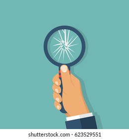 Broken magnifying glass. Vector illustration flat design. Isolated on background. Limited review.