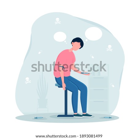 Broken male addict with syringe using heroin. Young guy suffering from drug addiction. Concept of people with heavy drug addiction. Flat cartoon vector illustration.