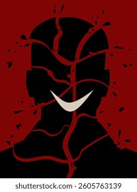 Broken man silhouette with smile. Atypical or hidden depression. Creepy poster about mental disorder. Flat vector illustration.