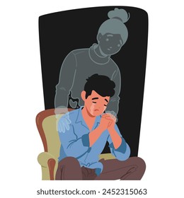 Broken Man Weeps Silently, His Heart Heavy With The Loss Of His Beloved Wife, Longing For Her Warmth And Presence. Male Character Grieving and Praying for the Soul. Cartoon People Vector Illustration