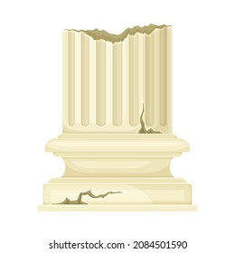 Broken marble pillar, ancient ruined column architectural element vector illustration