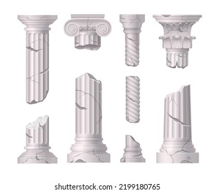 Columnas y columnas de mármol roto con decoración clásica de estilo barroco, ilustraciones vectoriales aisladas y realistas