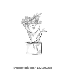 Broken marble statue head of David with flowers and branches inside. 
