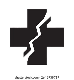 Ícone cruzado médico quebrado para uma falha ou crise do sistema de saúde Um símbolo de glifo representando um erro médico um problema de tratamento ou problema de negligência médica