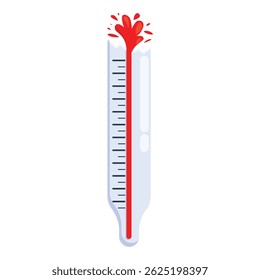 Broken medical thermometer with red mercury exploding because of high temperature