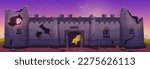 Broken medieval castle stone wall cartoon background. Fortress masonry tower building ruin vector game level illustration. Loophole in citadel door. Abandoned ancient kingdom exterior on sunrise.