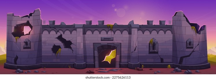 Broken medieval castle stone wall cartoon background. Fortress masonry tower building ruin vector game level illustration. Loophole in citadel door. Abandoned ancient kingdom exterior on sunrise.
