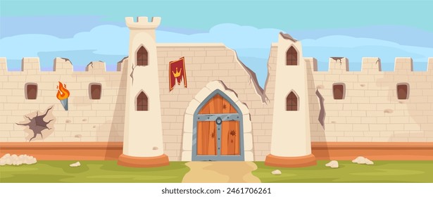 Broken medieval castle stone walls. Damaged fortress gate, royal stronghold defense cartoon vector background illustration of broken medieval castle, stone wall