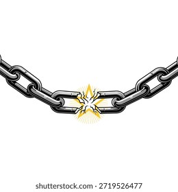 Enlace de cadena de metal roto que simboliza la fuerza y la debilidad de la libertad