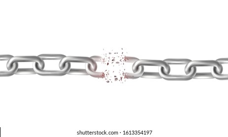 Broken metal chain on a white background, the weakest link