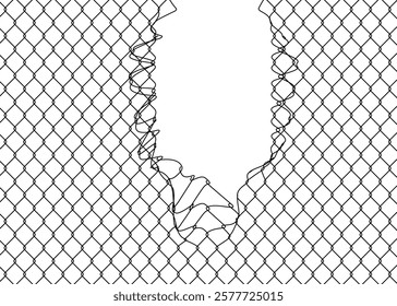 Broken metal mesh on a white background