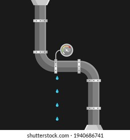 Zerbrochenes Metallrohr mit undichtem Wasser, flache Vektorgrafik
