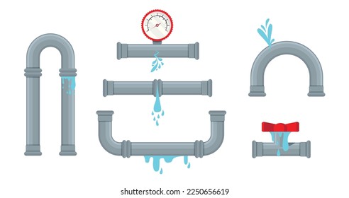 Broken metal pipe with leaking water, flat style vector illustration. Part of the pipeline. Eps 10