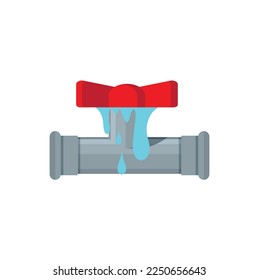 Tubo de metal roto con agua filtrante, ilustración vectorial de estilo plano. Parte de la tubería. Eps 10