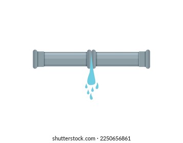 Tubo de metal roto con agua filtrante, ilustración vectorial de estilo plano. Parte de la tubería. Eps 10