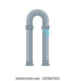 Broken metal pipe with leaking water, flat style vector illustration. Part of the pipeline. Eps 10