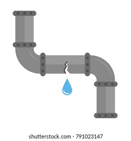 Broken metal pipe with leaking water, flat style vector illustration. Part of the pipeline.