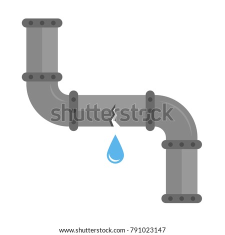 Broken metal pipe with leaking water, flat style vector illustration. Part of the pipeline.