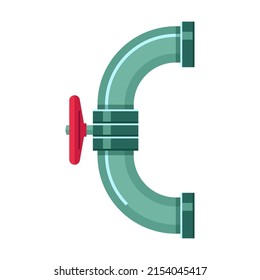 Broken metal pipe with swivel crane, leakage of water. Vector illustration of industrial pipelines with leaks. Cartoon tap, pressure meter isolated on white