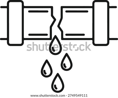 Broken metal pipe with water leaking icon. Realistic vector illustration of a burst water pipe with water drops. Damaged plumbing or sewage system concept.