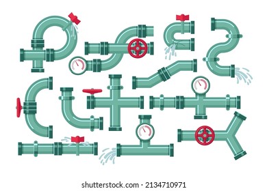 Rohre aus zerbrochenem Metall mit Leckage des Wassersatzes. Vektorgrafiken von Industrieleitungen mit Lecks. Cartoon-Hahn, Druckmesser, Ventil oder Röhrchen, die einzeln auf weiß sicken. Planungsproblem-Konzept