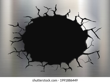 Broken metal plate with a black hole and cracks. Template for the background. Vector illustration