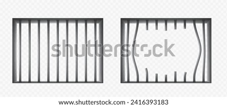 Broken metal prison cell bars. Template isolated on a transparent background. Stock vector mockups.