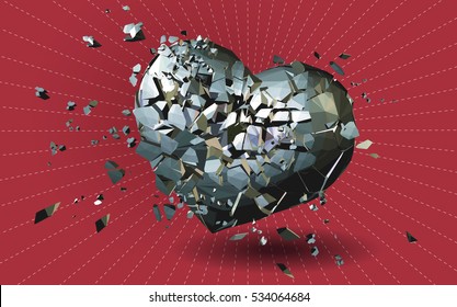 Broken metal silver polygonal heart on shining line and red background