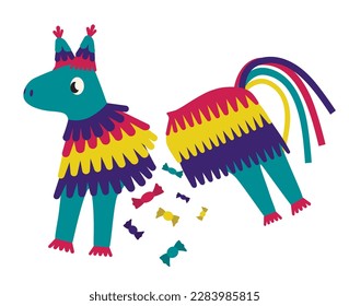 Zerbrochene mexikanische Pinata in Form von Esel mit herabfallenden Bonbons auf
