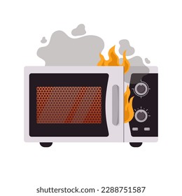 Horno de microondas roto con fuego y humo de estilo plano, ilustración vectorial aislada en fondo blanco. Equipo de cocina, elemento de diseño, dispositivo dañado