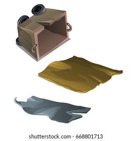 Broken mining cart and sheets of gold and silver isolated on a white background. Cartoon vector close-up illustration.