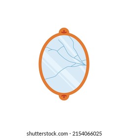 Broken mirror with cracked glass, flat vector illustration isolated on white background. Bad luck and misfortune symbol or omen, superstition concept. Oval shaped mirror for wall decoration.
