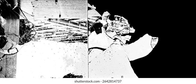 Broken mirror fragments reflect chaotic patterns against a halftone backdrop in a stark contrast of light and shadow