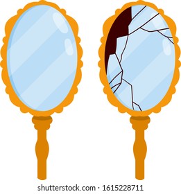 Broken mirror. Oval glass in a gold frame. Beauty and care. Vintage object. Cartoon flat illustration svg