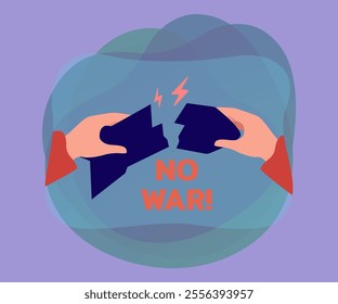 Broken missile in human hands flat vector illustration. Phrase no war on blue background. People striving for peace and freedom. Weapon, conflict, aggression concept
