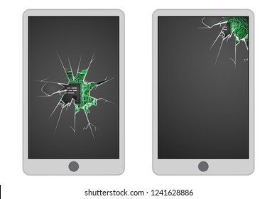 Broken mobile phone glass hole electronic cracks garbage realistic design icon vector illustration